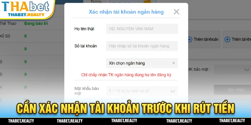 THABET yêu cầu người chơi phải xác nhận tài khoản ngân hàng trước khi rút tiền