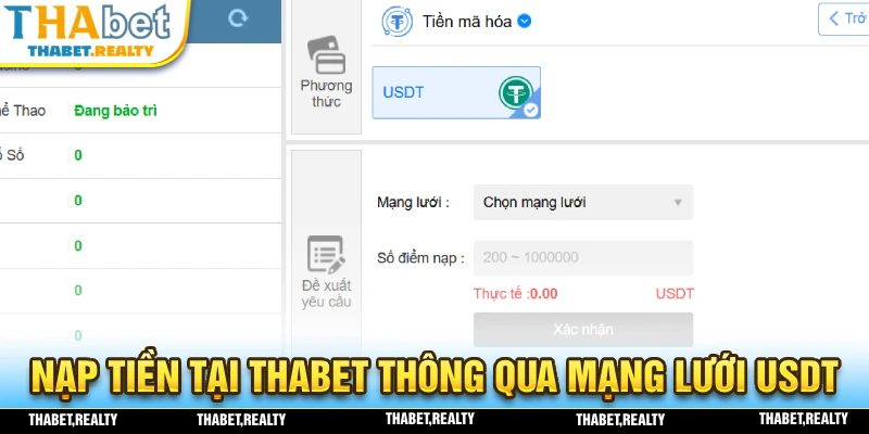 Nạp tiền tại THABET thông qua mạng lưới USDT